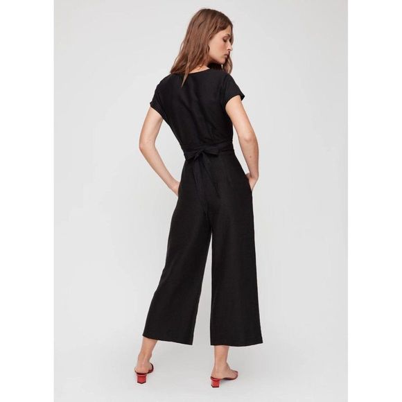 Aritzia WILFRED Brax Black Linen Lyocell Cut-Out Wrap Wide Leg Jumpsuit, Size 6 - Picture 4 of 13